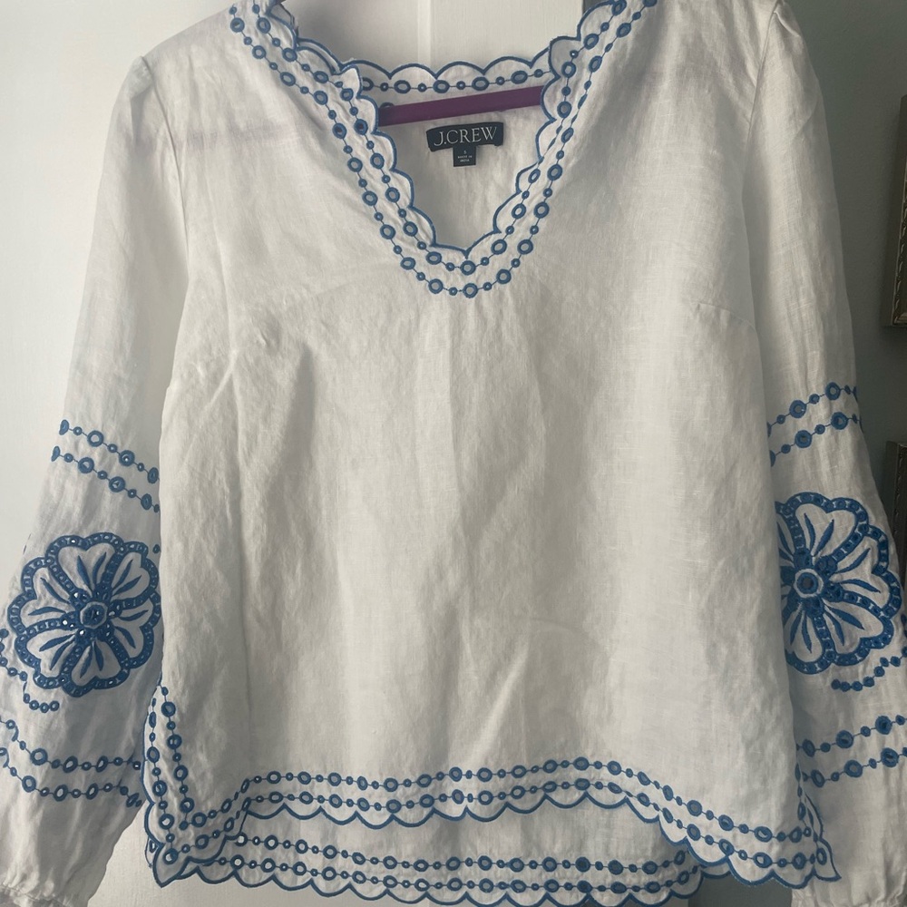 J. Crew White Linen Blouse with Blue Embroidery